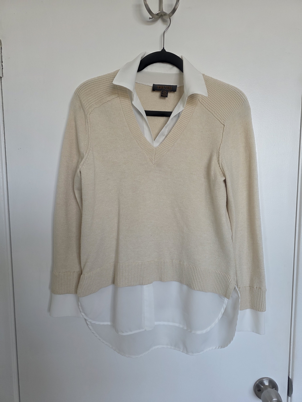 Truth By Republic Cream Layered V-Neck Sweater with Shirt Hem